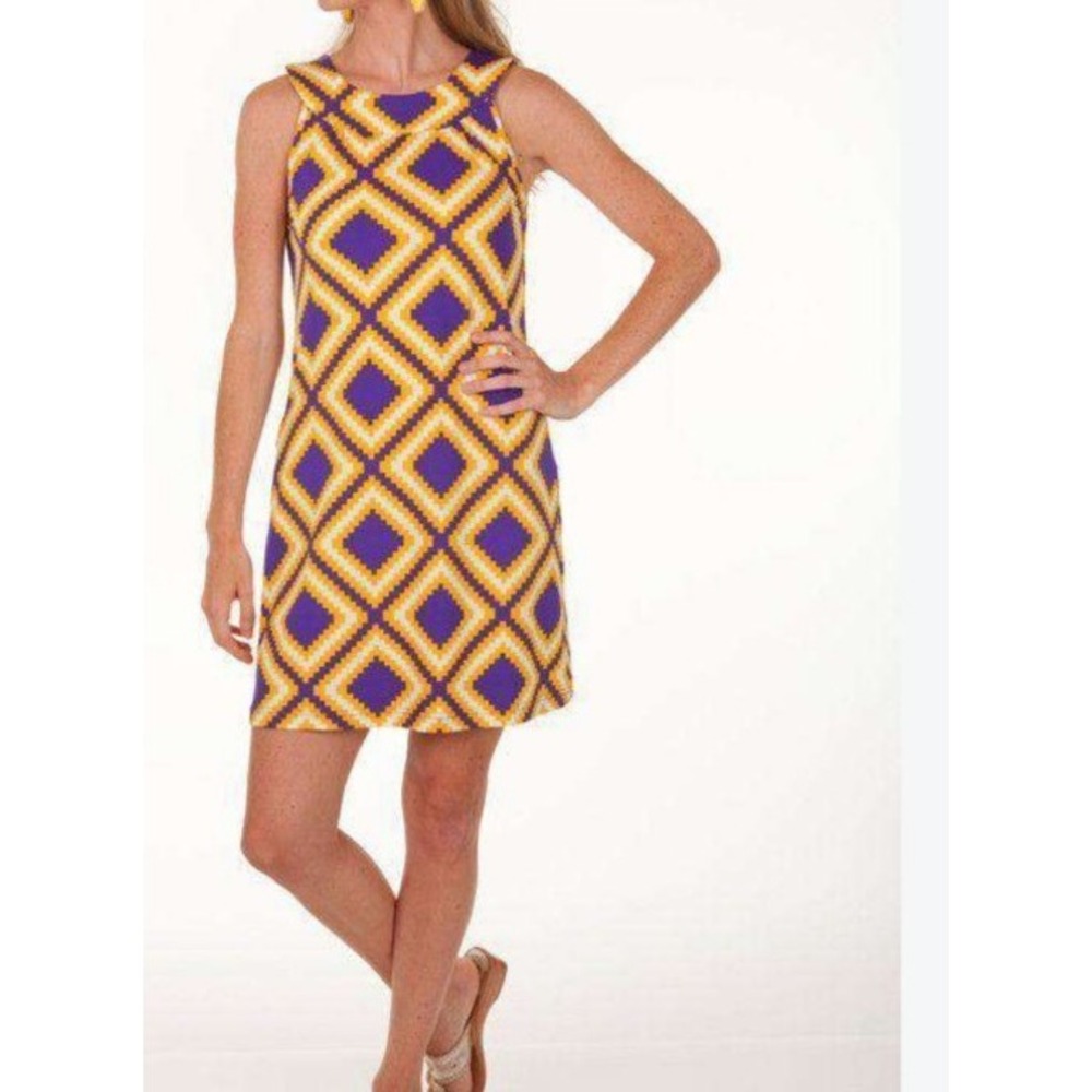 Tracy Negoshian Gene Sleveless Shift Dress Purple Yellow $63 Resort Preppy Small